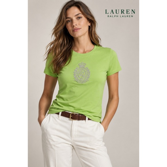 Lauren Ralph Lauren Tops - Lauren Ralph Lauren Active Women Lime Green Embroidered Crest Cotton Tee M